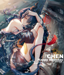 Rule 34 | 1girl, absurdres, arknights, bare legs, bare shoulders, barefoot, blue hair, blue jacket, brown eyes, ch&#039;en (arknights), character name, chinese commentary, clouble, commentary request, dated, dragon horns, dragon tail, hair between eyes, highres, horns, jacket, knee up, long hair, long sleeves, looking at viewer, off shoulder, parted lips, partially submerged, short shorts, shorts, solo, tail, thighs, water