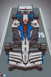 Rule 34 | absurdres, artist logo, car, commentary, english commentary, formula racer, freedom gundam, from above, gundam, gundam seed, highres, motor vehicle, no humans, race vehicle, racecar, science fiction, spoiler (automobile), vehicle focus, walter kim, wheel