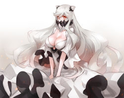 Rule 34 | 10s, 1girl, abyssal ship, breasts, cleavage, collarbone, da-kuro, dakuro, dress, horns, kantai collection, large breasts, long hair, looking at viewer, midway princess, orange eyes, pale skin, solo, spikes, very long hair, white dress, white hair