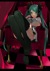 Rule 34 | 1girl, akuan (7jackpot7), bad id, bad pixiv id, chair, checkered floor, green eyes, green hair, hatsune miku, highres, long hair, reclining, smile, solo, thighhighs, twintails, very long hair, vocaloid, world is mine (vocaloid)