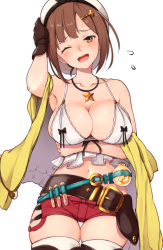 Rule 34 | 1girl, ;d, atelier (series), atelier ryza, atelier ryza 1, belt, bikini, bikini top only, black gloves, blush, breasts, brown eyes, brown hair, collarbone, commentary request, gloves, hair ornament, jewelry, large breasts, looking at viewer, navel, necklace, one eye closed, open mouth, red shorts, reisalin stout, short hair, short shorts, shorts, simple background, single glove, smile, solo, star (symbol), swimsuit, teeth, thighhighs, thighs, white background, white bikini, white headwear, yuuzuki (re&#039;ef)
