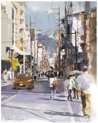 Rule 34 | 6+girls, 6+others, apartment, building, cable, car, city, day, highres, motor vehicle, mountain, multiple girls, multiple others, original, painting (medium), power lines, realistic, road, scenery, shadow, street, sunlight, traditional media, tunnel, utility pole, watanabe masato, watercolor (medium)