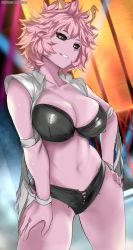Rule 34 | 1girl, ashido mina, bikini, black bikini, black sclera, boku no hero academia, breasts, cafekun, cleavage, clothing cutout, collarbone, collared vest, colored sclera, colored skin, commentary, commentary request, commission, cosplay, cross-laced bikini, cross-laced clothes, cross-laced cutout, dead or alive, english commentary, hand on own hip, hand on own leg, highres, horns, large breasts, looking at viewer, messy hair, mixed-language commentary, navel, open clothes, open vest, pink hair, pink skin, pixiv commission, short hair, solo, standing, swimsuit, teeth, tina armstrong, tina armstrong (cosplay), vest, white vest, yellow eyes