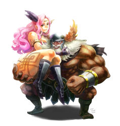 Rule 34 | 1boy, 1girl, alternate hair color, amazon (dragon&#039;s crown), armlet, armor, beard, bikini armor, boots, circlet, dated, dragon&#039;s crown, dwarf (dragon&#039;s crown), facial hair, feather hair ornament, feathers, greaves, hair ornament, holding, long hair, looking at viewer, mizuki apple, muscular, pink hair, pteruges, signature, simple background, smile, tattoo, thick thighs, thighs, white background, yellow eyes