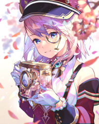 Rule 34 | absurdres, blue eyes, brooch, cabbie hat, camera, charlotte (genshin impact), chromatic aberration, commentary request, genshin impact, gloves, hat, highres, holding, holding camera, jewelry, long hair, monocle, oriori 0201, short hair, smile, suspenders, upper body, white gloves
