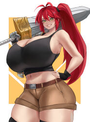 Rule 34 | 1girl, armor, artist name, bare shoulders, belt, black skirt, black thighhighs, breasts, brown shorts, bursting breasts, cleavage, female focus, green eyes, grin, hand on own hip, highres, holding, holding sword, holding weapon, huge breasts, long hair, looking at viewer, midriff, nastart, navel, orange background, ponytail, red hair, shorts, shoulder armor, skindentation, skirt, smile, solo, sports bra, sword, thighhighs, veins, veiny breasts, weapon, zettai ryouiki