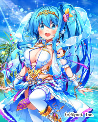 Rule 34 | 1girl, blue eyes, blue hair, bracelet, breasts, character request, circlet, cleavage, cloud, copyright request, day, dress, fins, fujiwara gacho, hair ornament, head fins, highres, jewelry, leg lift, long hair, navel, open mouth, outdoors, outstretched arms, ponytail, sky, smile, solo, thighhighs, water, white thighhighs