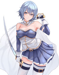 Rule 34 | 1girl, belt, belt buckle, blue eyes, blue hair, blue skirt, breasts, buckle, cape, contrapposto, cutlass, detached sleeves, dual wielding, gloves, holding, looking at viewer, magical girl, mahou shoujo madoka magica, mahou shoujo madoka magica (anime), miki sayaka, over shoulder, pleated skirt, saber (weapon), short hair with long locks, simple background, skirt, small breasts, solo, soul gem, sword, sword over shoulder, thighhighs, thighs, weapon, weapon over shoulder, white background, white cape, white gloves, white thighhighs, zettai ryouiki, zundakun0123