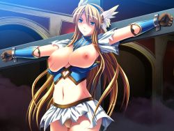 Rule 34 | 1girl, aqua eyes, bdsm, blonde hair, bondage, bound, bound wrists, breasts, breasts apart, breasts out, closed mouth, cruccu, crucifixion, game cg, indoors, long hair, megami ryoujoku, navel, nipples, no bra, outstretched arms, panties, restrained, spread arms, standing, stationary restraints, underwear, whipping