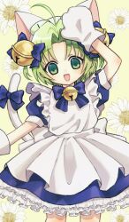 Rule 34 | 1girl, ahoge, animal hat, apron, arm up, bell, blue bow, blue dress, bow, cat hat, cat tail, dejiko, di gi charat, dot nose, dress, flower, frilled dress, frills, green eyes, green hair, hair bell, hair ornament, hat, mittens, open mouth, solo, tail, tail bow, tail ornament, wachita (8t8t), white apron, white flower, white mittens