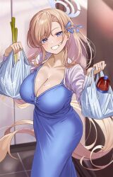 Rule 34 | 1girl, absurdres, alternate costume, asuna (blue archive), bag, blonde hair, blue archive, blue dress, blue eyes, blue ribbon, bottle, breasts, cleavage, commentary request, cowboy shot, dress, grin, hair ribbon, highres, holding, holding bag, indoors, large breasts, long hair, long sleeves, looking at viewer, o-los, plastic bag, ribbon, smile, solo, spring onion, standing, very long hair