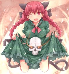 Rule 34 | 1girl, amane hasuhito, animal ears, bad id, bad pixiv id, braid, cat ears, cat tail, clothes lift, dress, dress lift, hair ribbon, kaenbyou rin, kneeling, multiple tails, one eye closed, open mouth, red eyes, red hair, ribbon, smile, solo, tail, touhou, twin braids, wink