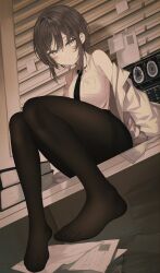 Rule 34 | 1girl, absurdres, black hair, black necktie, black pantyhose, blush, book, book stack, coat, collared shirt, cross, cross necklace, feet, grey eyes, highres, indie virtual youtuber, jewelry, kanaut nishe, karou (lhscck302), lab coat, legs, looking at viewer, necklace, necktie, off shoulder, on table, open clothes, open coat, pantyhose, shirt, short hair, sidelocks, sitting, sleeveless, sleeveless shirt, slit pupils, solo, table, toes, virtual youtuber, white shirt, window blinds