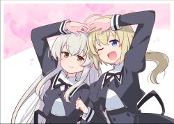 Rule 34 | 2girls, ;d, ahoge, amano soraha, arm at side, arm hug, arm up, assault lily, back cutout, black ribbon, black skirt, blue eyes, blush, breasts, brown eyes, buttons, closed mouth, clothing cutout, commentary request, cropped jacket, egawa kusumi, grey hair, hair between eyes, hand up, heart arms duo, high-waist skirt, highres, holding hands, interlocked fingers, jewelry, juliet sleeves, long hair, long sleeves, looking at viewer, low ponytail, medium breasts, morugen, multiple girls, neck ribbon, one eye closed, open mouth, pink background, ponytail, puffy sleeves, ribbon, ring, school uniform, side-by-side, sidelocks, skirt, smile, standing, two-tone background, upper body, very long hair, white background, yurigaoka girls academy school uniform