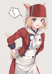 Rule 34 | 10s, 1girl, :3, :d, animal ears, apron, arms behind back, blonde hair, blue eyes, breasts, buttons, cat ears, cat tail, chef, cowboy shot, double-breasted, ears through headwear, facial mark, fang, final fantasy, final fantasy xiv, grey background, hat, highres, itachi kanade, looking at viewer, miqo&#039;te, multiple girls, open mouth, red hat, short hair, simple background, slit pupils, small breasts, smile, solo, tail, translated, tying apron, waist apron, warrior of light (ff14), whisker markings