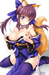 Rule 34 | 10s, 1girl, animal ears, bare shoulders, blue eyes, blush, bow, breasts, brown hair, commentary request, cosplay, detached collar, detached sleeves, fate/extra, fate (series), fox ears, fox tail, hair bow, highres, japanese clothes, kishimen, large breasts, long hair, mole, mole on breast, new game!, nipple slip, nipples, obi, ponytail, purple thighhighs, sash, simple background, sitting, solo, sweat, tail, takimoto hifumi, tamamo (fate), tamamo cat (fate), tamamo no mae (fate/extra), tamamo no mae (fate/extra) (cosplay), thighhighs, wariza, white background