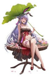 Rule 34 | 1girl, ahoge, animal ears, black choker, breasts, choker, cleavage, crossed legs, destiny child, fake animal ears, flower, folding fan, fundoshi, hair ornament, hair stick, hand fan, holding, holding leaf, japanese clothes, large breasts, leaf, long hair, looking at viewer, lotus, lotus leaf, nasaca, open mouth, pink eyes, pink flower, purple hair, rabbit ears, shoes, simple background, sitting, smile, solo, teeth, theophano (destiny child), tongue, upper teeth only, white background