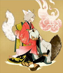 Rule 34 | 2boys, animal ears, black pants, blue eyes, brown background, character request, closed mouth, dark-skinned male, dark skin, fox ears, fox tail, frown, green eyes, grey hair, inazuma eleven (series), inazuma eleven go, indian style, japanese clothes, kimono, l hakase, looking at viewer, male focus, multiple boys, open mouth, pants, profile, raccoon tail, red kimono, sandals, sash, short hair, sitting, smile, smoke, tail, tail raised, white hair, white kimono, white tail, wolf ears, wolf tail