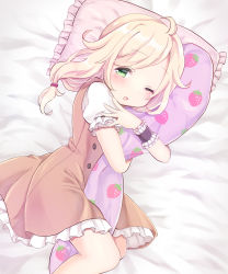 Rule 34 | 1girl, :o, ahoge, amaimo, bed, blonde hair, blush, body pillow, brown dress, buttons, dot nose, dress, food print, frilled cuffs, frilled dress, frilled sleeves, frills, green eyes, hand on own shoulder, highres, hug, hugging own legs, idolmaster, idolmaster cinderella girls, long hair, low-tied long hair, lying, medium hair, messy hair, hugging object, on bed, on side, one eye closed, open mouth, pillow, pinafore dress, puffy short sleeves, puffy sleeves, short sleeves, sleeveless dress, solo, strawberry print, swept bangs, tareme, tears, wavy hair, white dress, wrist cuffs, yusa kozue