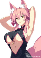 Rule 34 | 1girl, armpits, arms behind head, arms up, bare shoulders, black bodysuit, blush, bodysuit, breasts, closed mouth, fate/grand order, fate (series), fox tail, hair between eyes, highres, koyanskaya (chinese lostbelt outfit) (fate), koyanskaya (fate), large breasts, long hair, looking at viewer, pink hair, puuzaki puuna, sidelocks, simple background, smile, solo, tail, tamamo (fate), underboob, white background, yellow eyes