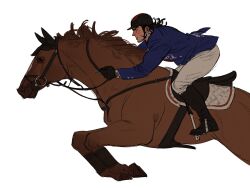 Rule 34 | 1boy, animal, beard stubble, black eyes, black gloves, black hair, blue jacket, boots, chengongzi123, closed mouth, commentary, dark-skinned male, dark skin, earrings, facial hair, gloves, golden kamuy, highres, holding, holding reins, horse, horseback riding, jacket, jewelry, kiroranke, long hair, long sleeves, looking at another, male focus, reins, riding, saddle, sideburns, simple background, stubble, symbol-only commentary, white background