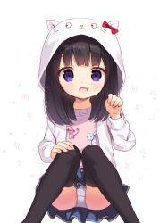 Rule 34 | 1girl, :d, animal ears, animal hood, black hair, black thighhighs, blue skirt, blush, bow, chitosezaka suzu, commentary request, fake animal ears, feet out of frame, hand on own knee, hand up, hood, hood up, hooded jacket, jacket, knees together feet apart, long hair, looking at viewer, open clothes, open jacket, open mouth, panties, pink shirt, plaid, plaid bow, pleated skirt, purple eyes, red bow, shirt, sitting, skirt, smile, solo, thighhighs, underwear, white background, white bow, white jacket, white panties