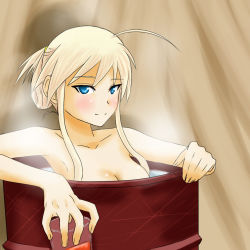 Rule 34 | bathing, blonde hair, blue eyes, breasts, cleavage, cup, drum (container), hanna-justina marseille, long hair, niki (t26gfaxt), nude, solo, steam, strike witches, witches of africa, world witches series