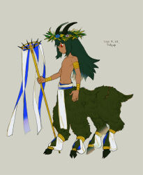 Rule 34 | 1boy, armlet, artist name, black horns, bracer, centauroid, child, closed mouth, commentary request, dark-skinned male, dark skin, dated, full body, goat horns, goat tail, green fur, green hair, grey background, hand up, head wreath, holding, holding staff, hooves, horns, jewelry, long hair, male focus, monster boy, original, pelvic curtain, red eyes, sabyap, scar, scar on leg, simple background, solo, staff, standing, taur, topless male