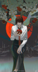 Rule 34 | 1boy, apple, belt, black belt, black pants, brown eyes, brown hair, collared shirt, crossed legs, death note, expressionless, food, fruit, hand on own knee, highres, holding, holding food, holding fruit, k00s, looking at viewer, male focus, pants, shirt, sitting, solo, tree, white shirt, yagami light