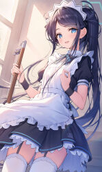 Rule 34 | 1girl, :d, apron, aris (blue archive), aris (maid) (blue archive), black dress, black hair, blue archive, blue eyes, blue ribbon, cowboy shot, dress, frilled apron, frills, garter straps, halo, highres, holding, holding mop, kuro futoshi, long hair, maid, maid headdress, mop, neck ribbon, official alternate costume, official alternate hairstyle, open mouth, ponytail, ribbon, short sleeves, smile, solo, thighhighs, white apron, white thighhighs