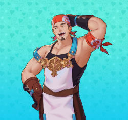 Rule 34 | 1boy, apron, arm behind head, armband, armpits, artist request, bandana, biceps, billy (gyee), brown hair, closed eyes, facial hair, gloves, gyee, hand on own hip, heart, leather, leather belt, male focus, mature male, muscular, muscular male, open mouth, pants, pectoral cleavage, pectorals, short hair, smile, solo, stubble, teeth, thick arms, thick thighs, thighs, tongue