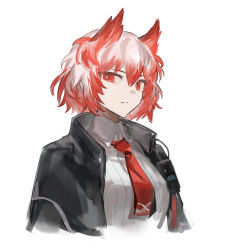 Rule 34 | 1girl, animal ears, arknights, artist name, bird ears, black jacket, collared shirt, cropped torso, fiammetta (arknights), gradient hair, highres, iwis, jacket, multicolored hair, necktie, open clothes, open jacket, red eyes, red hair, red necktie, shirt, short hair, simple background, solo, upper body, walkie-talkie, white background, white shirt