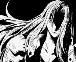 Rule 34 | 1boy, armor, black background, chest strap, commentary, evil smile, final fantasy, final fantasy vii, green eyes, high collar, long bangs, long hair, male focus, monochrome, mtr dayoo, one eye covered, parted bangs, pauldrons, sephiroth, shaded face, shoulder armor, slit pupils, smile, solo, spot color, upper body