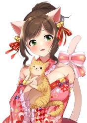Rule 34 | 1girl, animal, animal ears, animal hug, blush, breasts, brown hair, cat, cat ears, cat girl, cat tail, collar, commentary request, detached collar, detached sleeves, fake animal ears, fang, floral print, frilled collar, frilled sleeves, frills, green eyes, highres, idolmaster, idolmaster cinderella girls, japanese clothes, kimono, large breasts, light smile, looking afar, maekawa miku, off shoulder, pink kimono, ponytail, simple background, solo, swepot, tail, white background