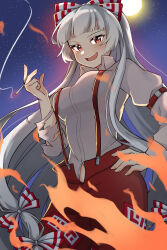 Rule 34 | 1girl, :d, \||/, blunt bangs, bow, breasts, cigarette, contrapposto, cowboy shot, fire, fujiwara no mokou, full moon, grey hair, hair bow, hand on own hip, highres, holding, holding cigarette, juliet sleeves, large breasts, long hair, long sleeves, looking at viewer, moon, night, night sky, open mouth, pants, puffy sleeves, red eyes, red pants, sasayumi tsubaki, shirt, sky, smile, smoking, solo, star (sky), suspenders, teeth, torn clothes, touhou, upper teeth only, very long hair, white shirt