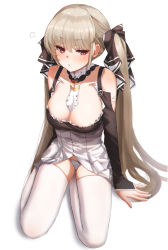 Rule 34 | 1girl, azur lane, bare shoulders, between breasts, black dress, blush, breasts, cleavage, dress, earrings, formidable (azur lane), frilled dress, frills, gadeung hye, grey hair, hair ornament, hair ribbon, highres, jewelry, large breasts, long hair, long sleeves, looking at viewer, panties, red eyes, ribbon, simple background, sitting, solo, thighhighs, twintails, two-tone dress, two-tone ribbon, underwear, very long hair, white background, white panties, white thighhighs