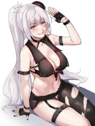 Rule 34 | 1girl, absurdres, asymmetrical pants, belt, bikini, bikini top only, black belt, black bikini, black gloves, black headwear, black nails, breasts, commission, fate/grand order, fate (series), fingerless gloves, gloves, highres, jeanne d&#039;arc (fate), jeanne d&#039;arc alter (fate), jeanne d&#039;arc alter (mystery treasure) (fate), large breasts, long hair, mystery treasure, nail polish, navel, official alternate costume, pants, ponytail, silver hair, sitting, solo, swimsuit, tilted headwear, todding, torn clothes, torn pants, yellow eyes