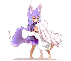 Rule 34 | 2girls, :d, absurdres, ahoge, animal ear fluff, animal ears, barefoot, black hoodie, blush, closed eyes, closed mouth, commentary request, drawstring, food, fox ears, fox girl, fox tail, hair between eyes, hair ornament, highres, hood, hoodie, idaten93, long hair, long sleeves, multiple girls, open mouth, original, oversized clothes, oversized shirt, pleated skirt, purple eyes, purple hair, purple skirt, ruua (idaten93), shadow, shirt, skirt, sleeves past fingers, sleeves past wrists, smile, standing, standing on one leg, tail, till (idaten93), very long hair, white background, white hair, white shirt