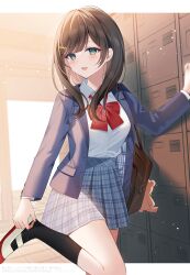 Rule 34 | 1girl, :d, bag, black socks, blazer, blue jacket, blush, bow, breasts, brown hair, collared shirt, commentary request, commission, dress shirt, getabako, green eyes, grey skirt, highres, jacket, long hair, looking at viewer, medium breasts, myusha, open clothes, open jacket, open mouth, original, plaid, plaid skirt, pleated skirt, red bow, school bag, school uniform, shirt, shoes, skirt, smile, socks, solo, standing, standing on one leg, uwabaki, white footwear, white shirt