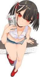 Rule 34 | 1girl, arm support, beijuu, beni-chan (beijuu), black hair, can, choker, closed mouth, crop top, denim, denim shorts, highres, holding, holding can, looking at viewer, mole, mole under eye, multicolored hair, original, red eyes, red footwear, shirt, short shorts, shorts, sitting, smile, solo, streaked hair, twintails, white hair, white shirt