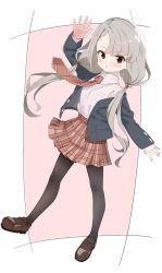 Rule 34 | 1girl, :o, arm up, bad id, bad twitter id, black jacket, black pantyhose, blazer, blouse, blush stickers, braid, braided bangs, brown eyes, brown footwear, brown necktie, brown ribbon, brown skirt, collared shirt, commentary request, dress shirt, full body, grey hair, hair between eyes, hair ribbon, highres, hisakawa nagi, idolmaster, idolmaster cinderella girls, idolmaster cinderella girls starlight stage, jacket, loafers, long hair, long sleeves, looking at viewer, low twintails, necktie, open clothes, open jacket, pantyhose, parted lips, pink background, plaid, plaid necktie, plaid neckwear, plaid skirt, pleated skirt, ribbon, school uniform, shirt, shiwa (siwaa0419), shoes, skirt, sleeves past wrists, solo, twintails, very long hair, white background, white shirt
