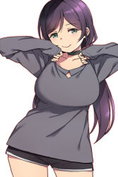 Rule 34 | 1girl, black shorts, breasts, duke (inu daimyou), green eyes, grey shirt, large breasts, looking at viewer, love live!, love live! school idol project, low twintails, purple eyes, shirt, shorts, smile, solo, tojo nozomi, twintails