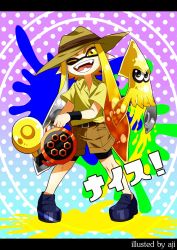 Rule 34 | 1girl, aiming, aiming at viewer, aji (coastal area), artist name, blonde hair, chain, cosplay, english text, engrish text, fangs, full body, gradient background, hat, highres, inkling, inkling girl, inkling player character, jojo no kimyou na bouken, joseph joestar, joseph joestar (cosplay), joseph joestar (old), jpeg artifacts, letterboxed, nintendo, one eye closed, open mouth, paint splatter, pointy ears, polka dot, polka dot background, polo shirt, ranguage, shorts, smile, splatoon (series), splatoon 1, squid, tentacle hair, translation request, wristband, yellow eyes