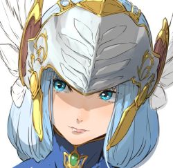 Rule 34 | 1girl, blue eyes, blue hair, closed mouth, enami katsumi, feathers, helmet, lenneth valkyrie, long hair, simple background, solo, valkyrie, valkyrie profile (series), white background, winged helmet