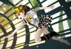 Rule 34 | 1girl, blonde hair, boots, checkered clothes, checkered skirt, kagamine rin, more (vitalia), nail polish, necktie, short hair, skirt, solo, tiger rampage (vocaloid), vocaloid, yellow eyes, yellow nails