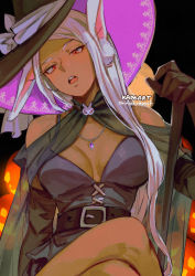 Rule 34 | 1girl, animal ear fluff, animal ears, artist name, bare shoulders, belt, black gloves, boku no hero academia, breasts, cleavage, cosplay, cross-laced clothes, dark-skinned female, dark skin, detached sleeves, eyebrows, gem, gloves, halloween, halloween costume, hand up, hat, head tilt, jewelry, kadeart, large hat, crossed legs, long eyelashes, long hair, mirko, necklace, open mouth, pumpkin, rabbit ears, rabbit girl, red eyes, see-through cape, solo, symbol-only commentary, teeth, upper teeth only, white hair, witch hat