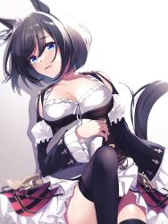 Rule 34 | 1girl, absurdres, animal ears, black hair, black thighhighs, blue eyes, bob cut, breasts, choker, cleavage, collarbone, detached sleeves, dirndl, ear scrunchie, eishin flash (umamusume), german clothes, hair between eyes, highres, horse ears, horse girl, horse tail, jitome, large breasts, long sleeves, looking at viewer, noa0319, red choker, scrunchie, short hair, simple background, skirt, solo, striped clothes, striped skirt, swept bangs, tail, thighhighs, umamusume, vertical-striped clothes, vertical-striped skirt, white scrunchie