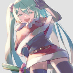 Rule 34 | 1girl, aqua eyes, aqua hair, arm behind back, belt, black gloves, black shirt, black thighhighs, capelet, christmas, elbow gloves, food, from below, fur-trimmed capelet, fur-trimmed skirt, fur trim, gloves, grey background, half-closed eyes, hand up, hatsune miku, holding, holding food, holding spring onion, holding vegetable, ito taera, long hair, looking at viewer, miniskirt, red capelet, red skirt, ribbon, santa costume, shirt, sidelighting, skirt, smile, spring onion, thighhighs, twintails, twitter username, vegetable, very long hair, vocaloid, waving, zettai ryouiki