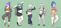 Rule 34 | 5girls, absurdres, belly, blue hair, blush, breasts, byleth (female) (fire emblem), byleth (fire emblem), cleavage, corrin (female) (fire emblem), corrin (fire emblem), crop top, fat, feh (fire emblem heroes), fire emblem, fire emblem: three houses, fire emblem awakening, fire emblem fates, fire emblem heroes, green hair, highres, hood, hoodie, kris (female) (fire emblem), kris (fire emblem), large breasts, looking at viewer, medium breasts, multiple girls, nintendo, plump, purple hair, robin (female) (fire emblem), robin (fire emblem), shez (female) (fire emblem), shez (fire emblem), shoes, shorts, smile, standing, theundeadeel