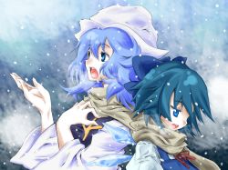 Rule 34 | 2girls, back-to-back, bad id, bad pixiv id, blue eyes, blue hair, bow, cirno, hair bow, hair ribbon, hand on another&#039;s chest, hand on own chest, hat, issin., letty whiterock, multiple girls, music, open mouth, perfect cherry blossom, ribbon, scarf, shared clothes, shared scarf, short hair, singing, snow, snowing, touhou, wings, winter